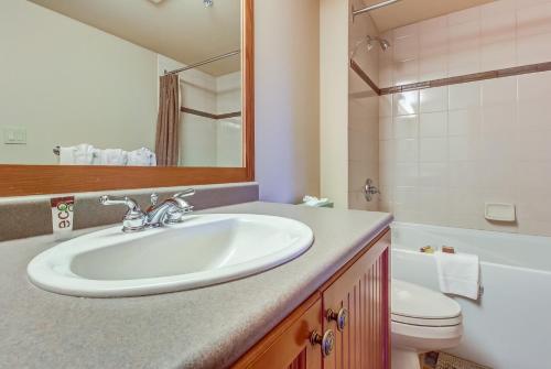 a bathroom with a sink and a toilet and a mirror at Eagle Springs East 402: Buffaloberry Suite in Solitude