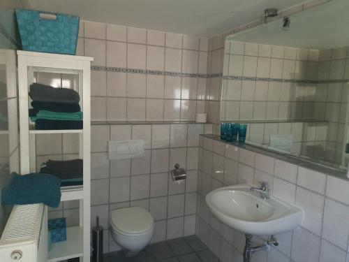 uma casa de banho com um lavatório e um WC em Apartment em Euskirchen