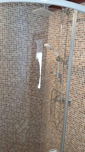 a shower with a glass door with a shower head at Kauzeri - home while away from home in Vildoga