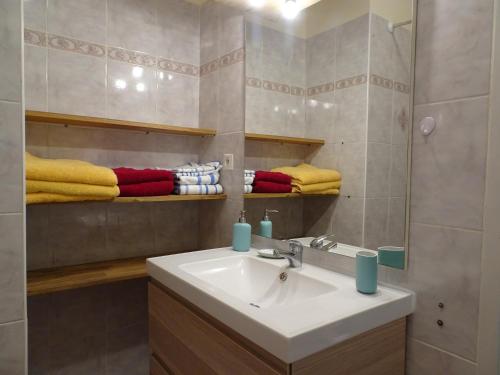 une salle de bain avec un lavabo, un miroir et des serviettes dans l'établissement Domaine du Petit Tournebelle, à Gruissan