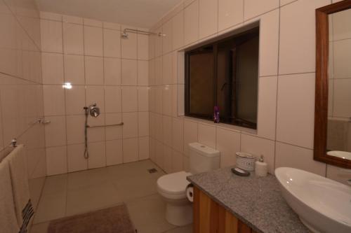 a bathroom with a toilet and a sink and a mirror at IRONWOOD LODGE in Pennington