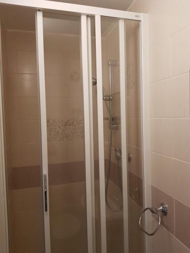 a shower with a glass door in a bathroom at Čertovka Peklo in Náchod