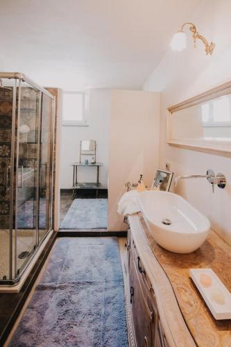 a bathroom with a sink and a glass shower at Casa Luigi Ariano in Santo Stefano Belbo
