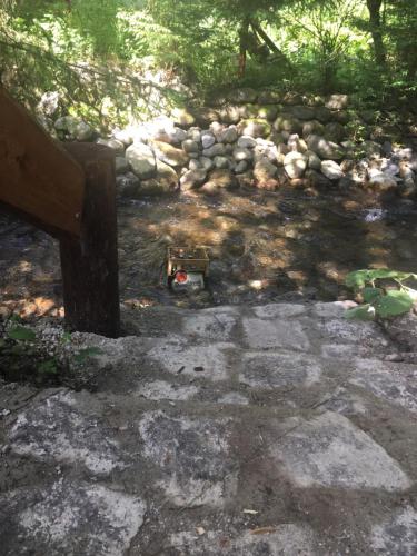 a bird feeder sitting on the ground next to a bench at Chata VYPO in Liptovský Ján
