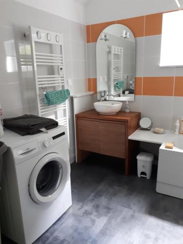 een badkamer met een wasmachine en een wastafel bij Landrichamps in Landrichamps
