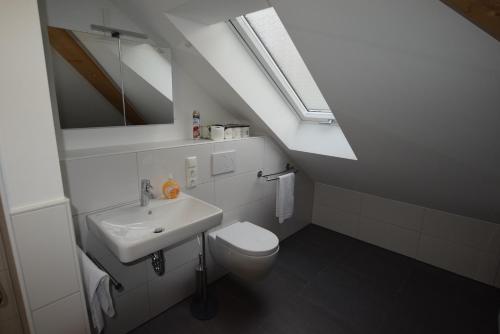 a bathroom with a sink and a toilet and a mirror at AB Kornwestheim in Kornwestheim