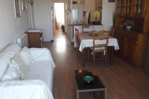 un salon avec un canapé blanc et une table dans l'établissement T3 Carnon, 1ère ligne 50m plage terrasse parking, à Mauguio