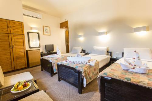 a hotel room with two beds and a television at Hapi Hotel in Aswan