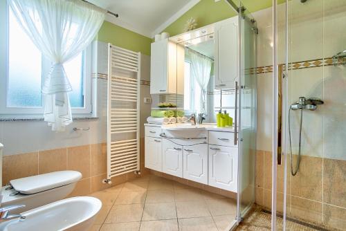 a bathroom with a sink and a shower and a toilet at Villa Ines in Labin