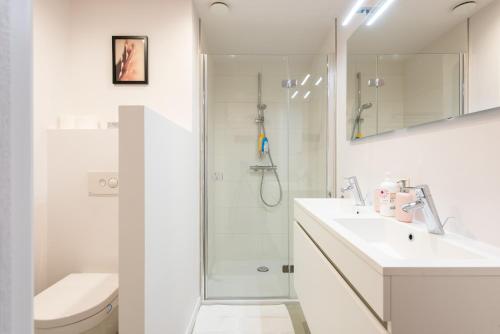 La salle de bains est pourvue d'une douche, d'un lavabo et de toilettes. dans l'établissement Salt & Pepper Ghent, à Gand