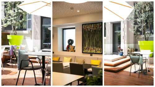 マルセイユにあるURBAN LOFT & SPA Marseilleのテーブルと椅子が備わるレストランの3つの異なる景色