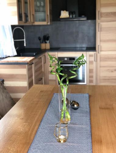 a vase with flowers sitting on a table in a kitchen at Zoe Luxury House in Gomirje