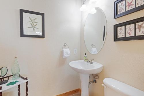 a bathroom with a sink and a mirror at Sunset Beach House in Gold Beach
