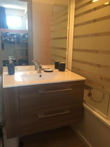 une salle de bain avec un lavabo et un miroir dans l'établissement Appartement pied des pistes 4 à 6 pers - Les Deux-Alpes, à Les Deux Alpes