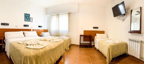 a hotel room with two beds and a television at Hotel Ramos Mejía in Mar del Plata