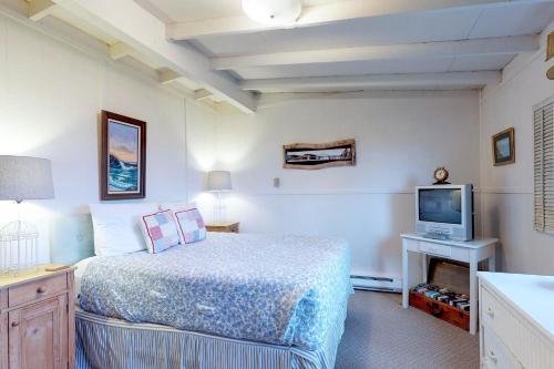- une chambre avec un lit et une télévision dans l'établissement Sea Mist Cottage, à Searose Beach