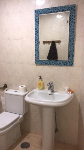 uma casa de banho com um lavatório, um WC e um espelho. em Casa palacio El Conde de la Cańada em Ciudad Real