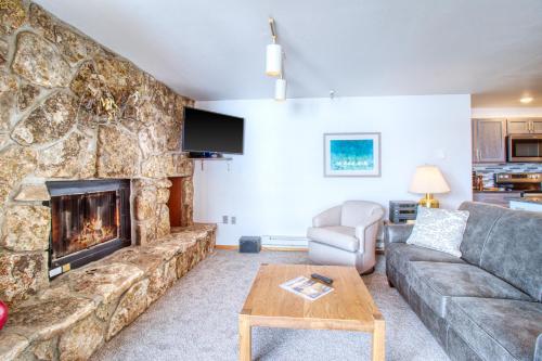 a living room with a couch and a fireplace at Lakeview Marina Place in Dillon
