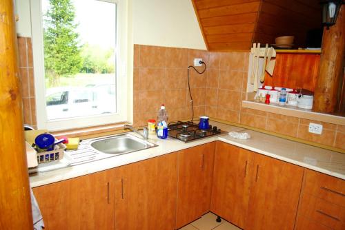 a kitchen with a sink and a window at Doi Frati in Topliţa