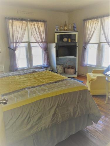 a bedroom with a large bed and two windows at Glass Magnolia Bed & Breakfast in Interlaken