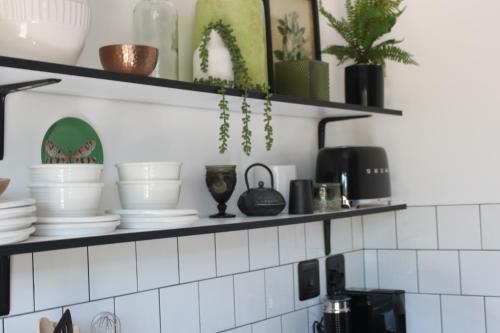 a kitchen shelf with dishes and plants on it at Brenaissance Wine & Stud Estate in Stellenbosch