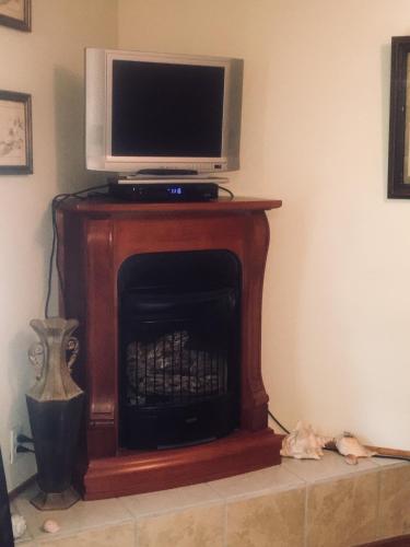 a tv on top of a fireplace with a television on top of it at Glass Magnolia Bed & Breakfast in Interlaken