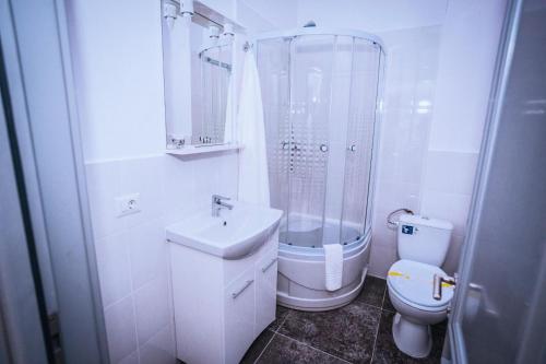 a bathroom with a toilet and a sink and a shower at HOTEL GLARIS in Tîrgu Frumos