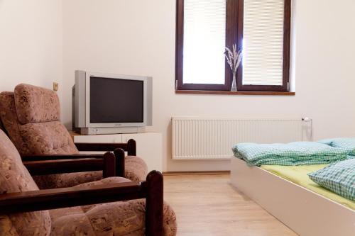 a living room with a chair and a tv at Restaurace penzion Pod Šumárníkem in Tvarožná Lhota
