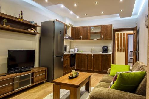 salon z kanapą i telewizorem oraz kuchnia w obiekcie Luxury 2 bedroom,2 bathroom apart ,free parking w Płowdiwie