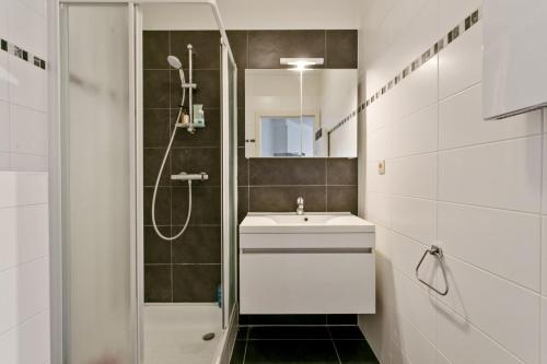 ein weißes Bad mit einem Waschbecken und einer Dusche in der Unterkunft Quartier des Quais Dansaert in Brüssel