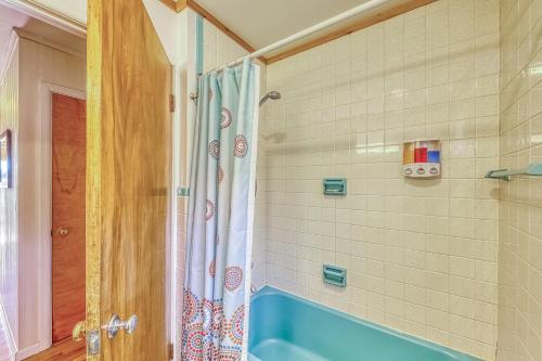 a bathroom with a blue tub and a shower at Adirondack Adventuring in Brant Lake