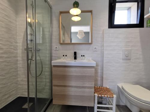 a bathroom with a sink and a shower at La Suite de l'Abbaye - climatisation et petit dej in Nantes