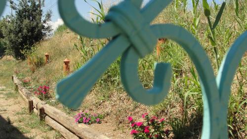 a blue x sign in a garden with flowers at Villa Primaluce in Pizzo
