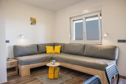 a living room with a couch and a window at Apartmani Petra i Tea in Krapina