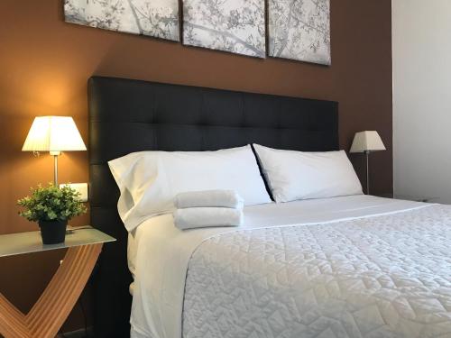 um quarto com uma grande cama branca e 2 almofadas em Apartamento Playa Blanca Holiday em Puerto del Rosario