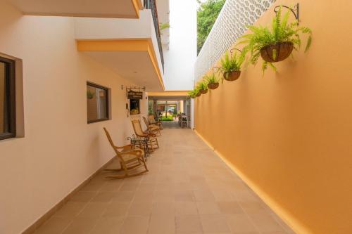 a hallway with chairs and plants on the wall at Hotel La Gloria in Mompos