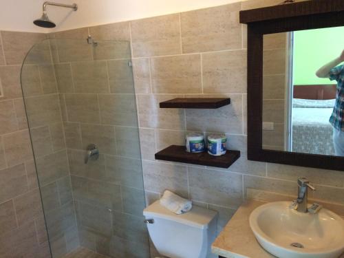 a bathroom with a shower and a toilet and a sink at New Garden Hotel in Sosúa