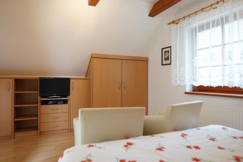 a bedroom with a bed and a tv and a window at Penzion u lázní in Velké Losiny