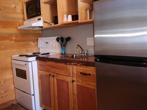 a kitchen with a stainless steel refrigerator and a sink at Overlook Inn & Cabins in Clearwater