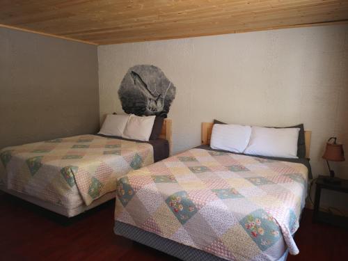 a bedroom with two beds and a skull on the wall at Overlook Inn & Cabins in Clearwater