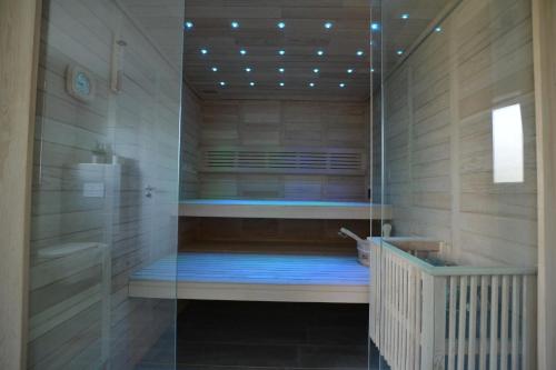 uma sauna com um chuveiro com paredes de vidro e uma banheira em Ferienhaus Gammendorf Nr. 18 em Fehmarn