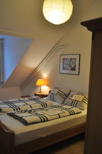 een slaapkamer met een bed met een licht aan het plafond bij Vakantiehuis Vijlen in Vijlen