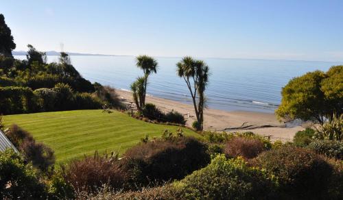 a view of a beach with palm trees and the ocean at Adrift In Golden Bay- Absolute Beachfront Villas in Collingwood