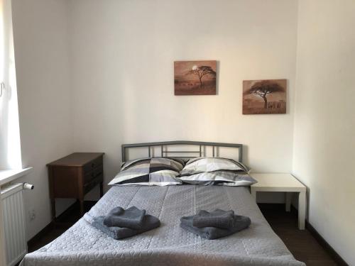 ein Schlafzimmer mit einem Bett mit zwei Kissen darauf in der Unterkunft Apartament Matejki 7/4 in Zielona Góra