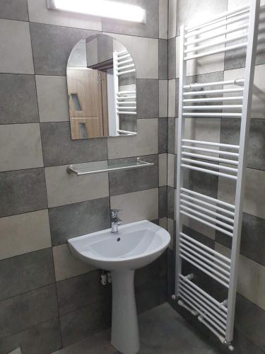 a bathroom with a sink and a mirror at Pensiunea Gallamar in Bîrlad