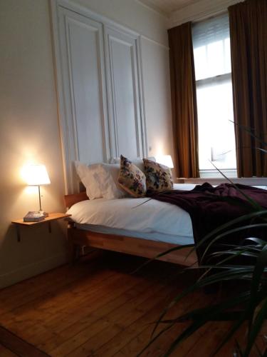 1 dormitorio con 1 cama con 2 almohadas y ventana en Quiet apartment in Antwerp near parc - B&B InterMezzo - business & leisure en Amberes