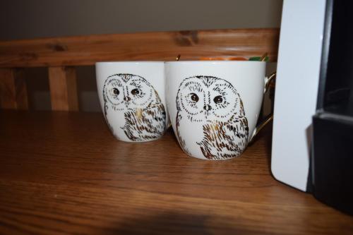 two cups with owls painted on them sitting on a table at The Plough Inn in Stalisfield
