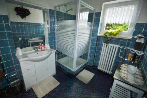 uma casa de banho em azulejos azuis com um lavatório e um chuveiro em Haus Rehblick FeWo-EG-1 em Sankt Andreasberg