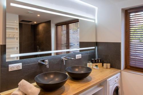 een badkamer met twee kommen op een aanrecht met een spiegel bij Le Panoramic & Spa in Itterswiller