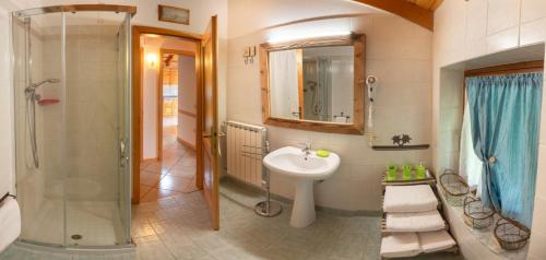 a bathroom with a sink and a shower at Appartamenti Casavacanzepejo in Cogolo